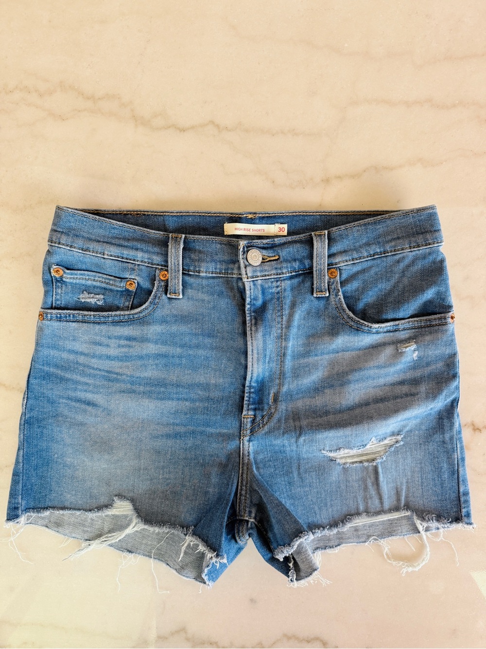 High-Rise Blue Distressed Jean Shorts
